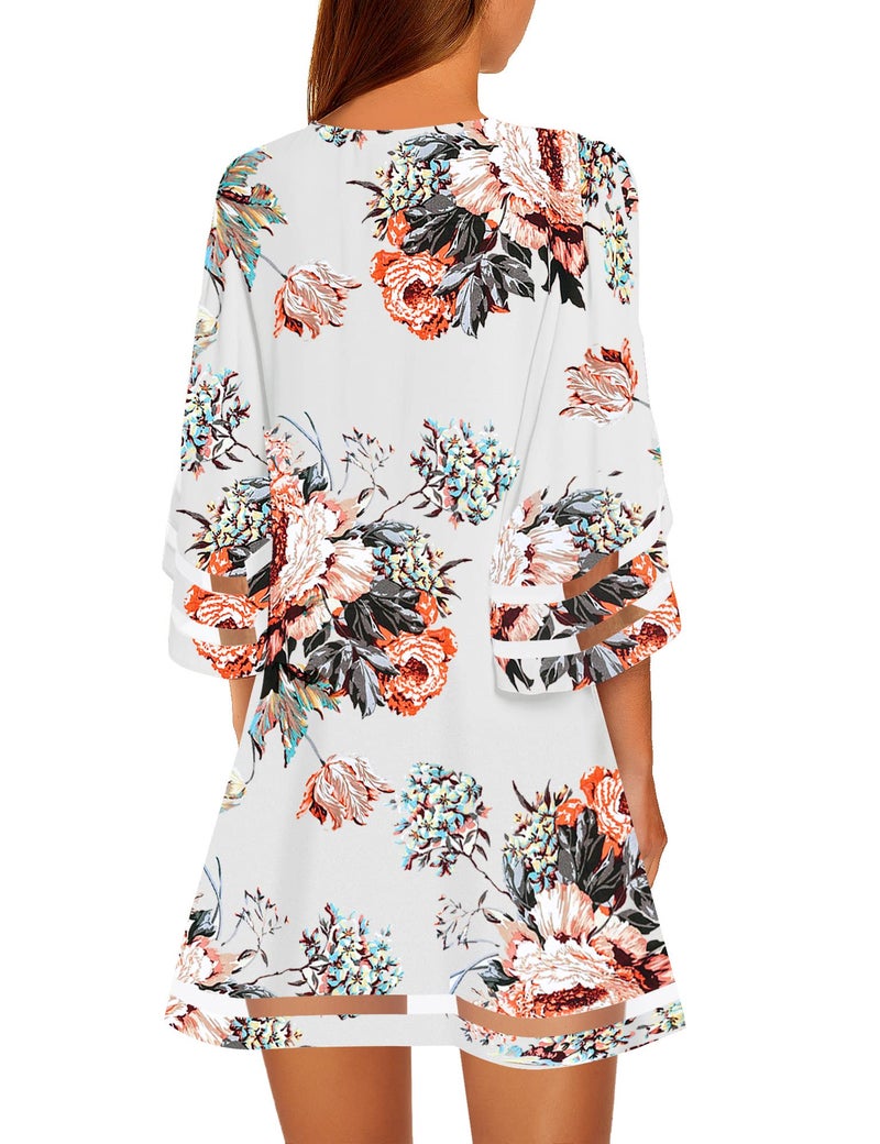 LookbookStore Women Casual Summer Crewneck Mesh Patchwork 3/4 Bell Sleeve Loose A-line Tunic Dress Floral Pirnt Brilliant White Size Medium - Image 2
